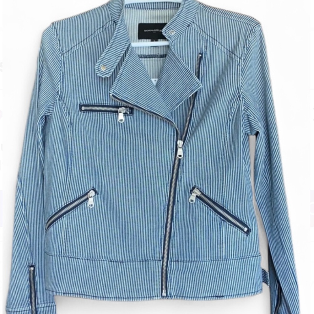 Banana Republic Factory Blue Striped Denim Moto Jacket Size Small Streetwear Y2K